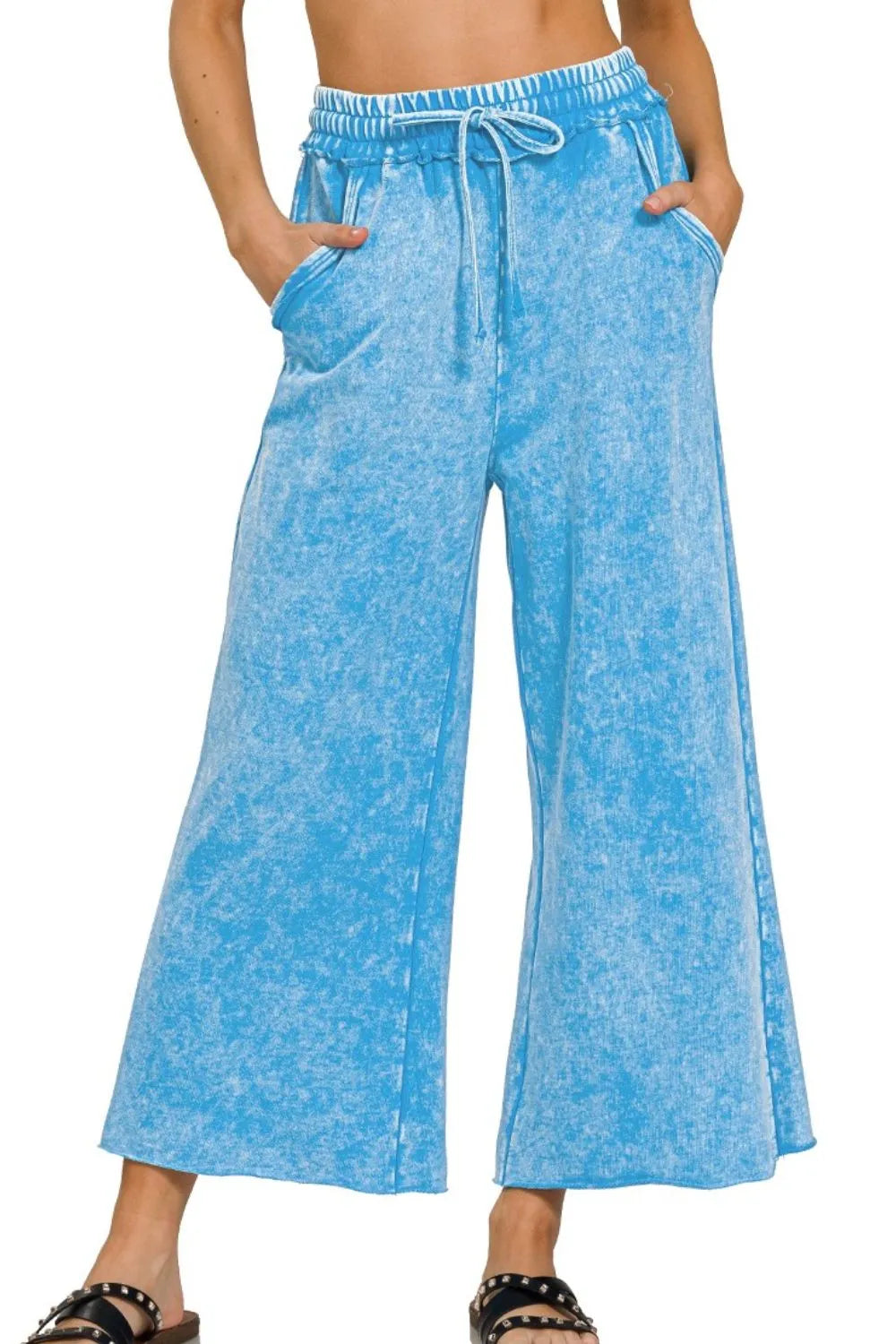 Zenana Washed French Terry Palazzo With Pockets DEEP SKY - Fashorio