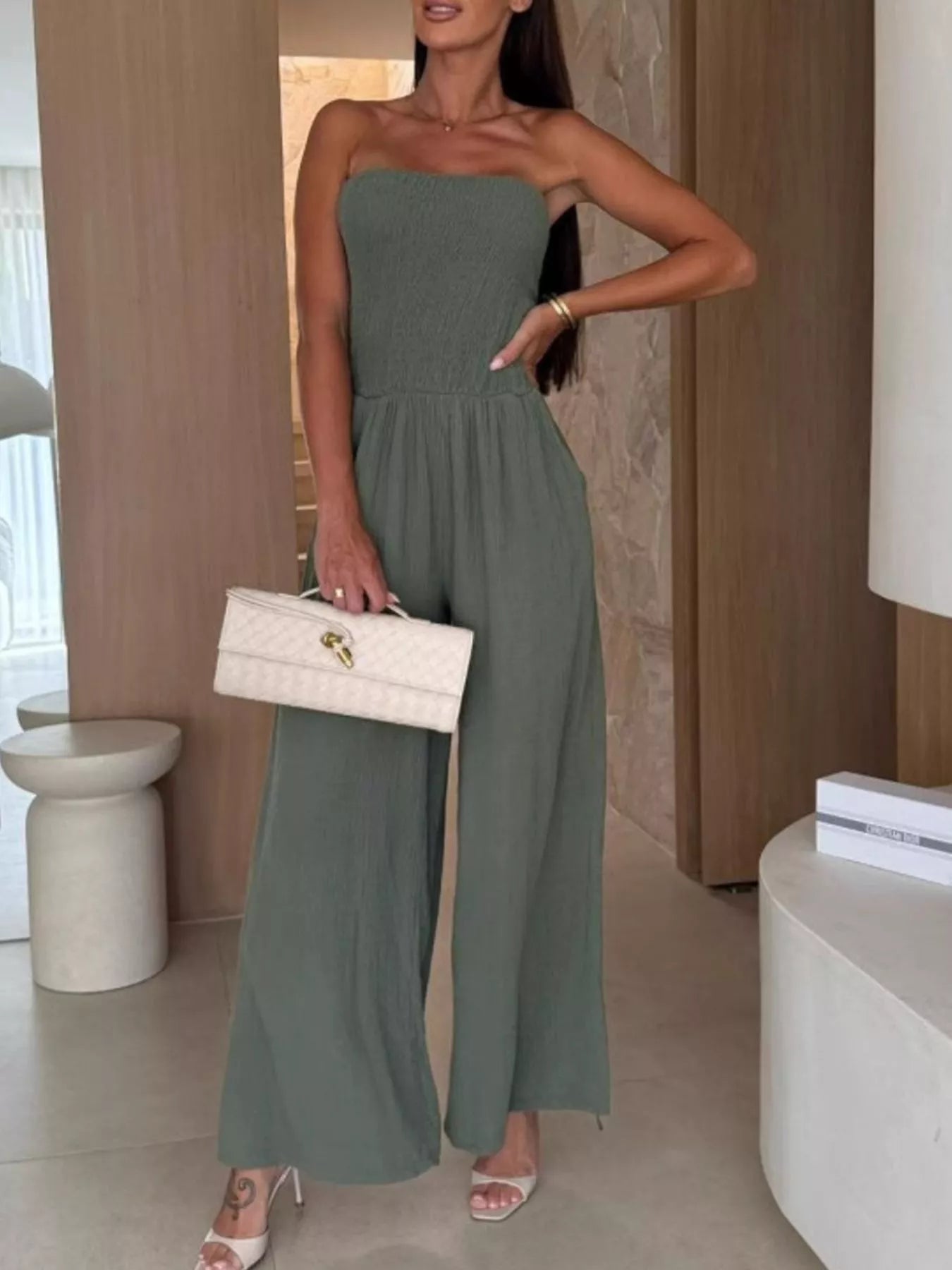 Smocked Tube Wide-Leg Jumpsuit Green - Fashorio