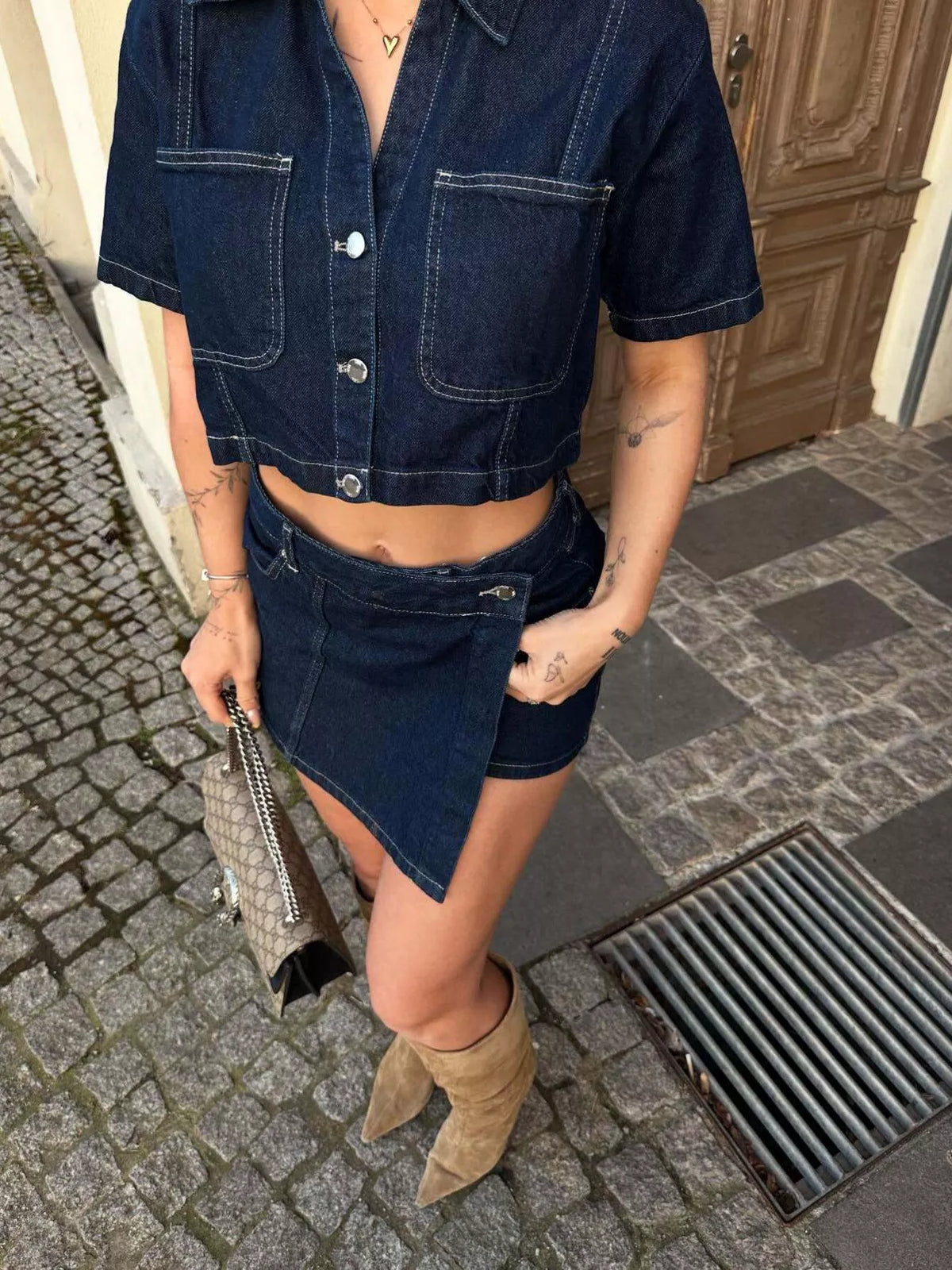 Sky blue denim skort detail