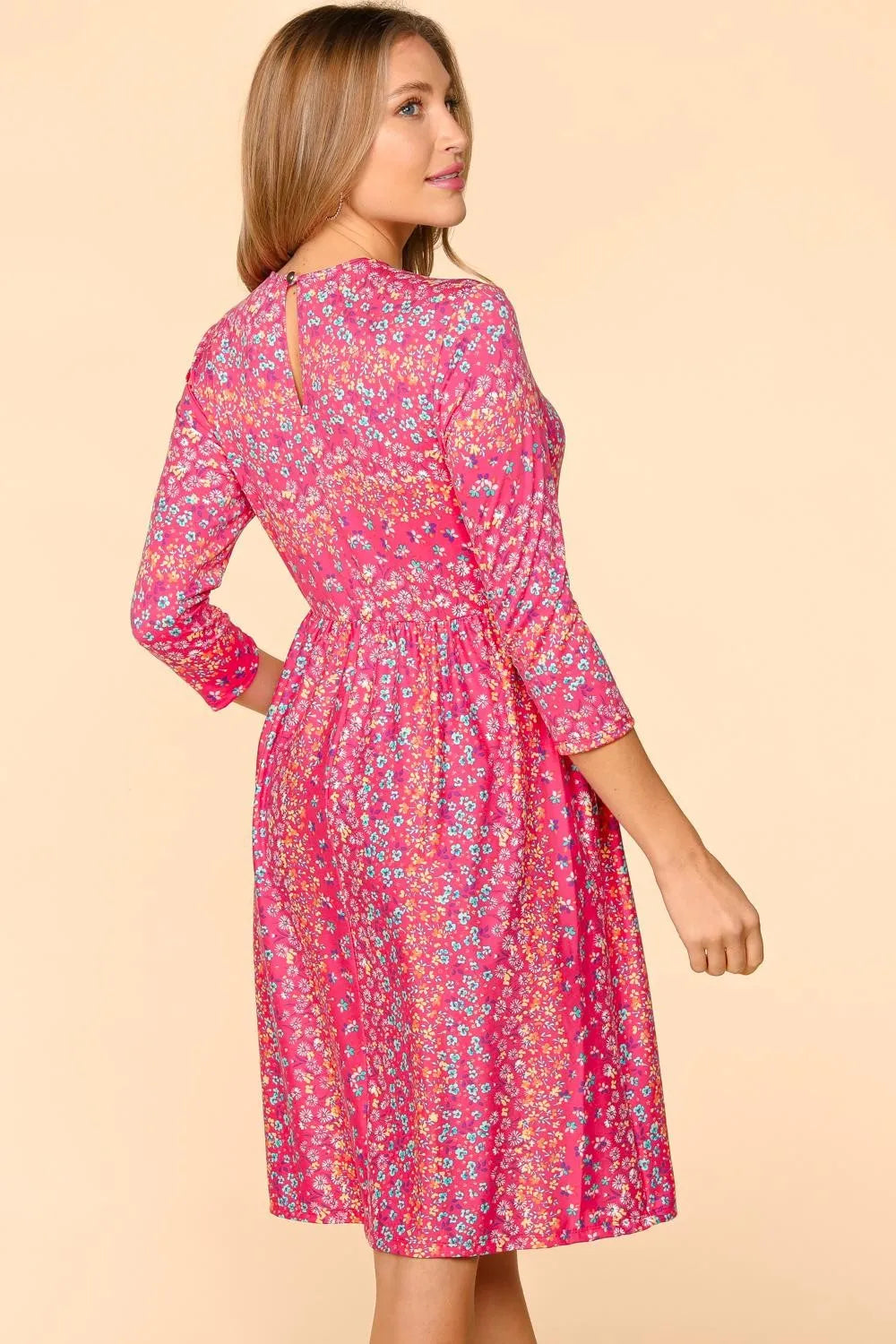 Round Neck Floral Dress with Pockets back view