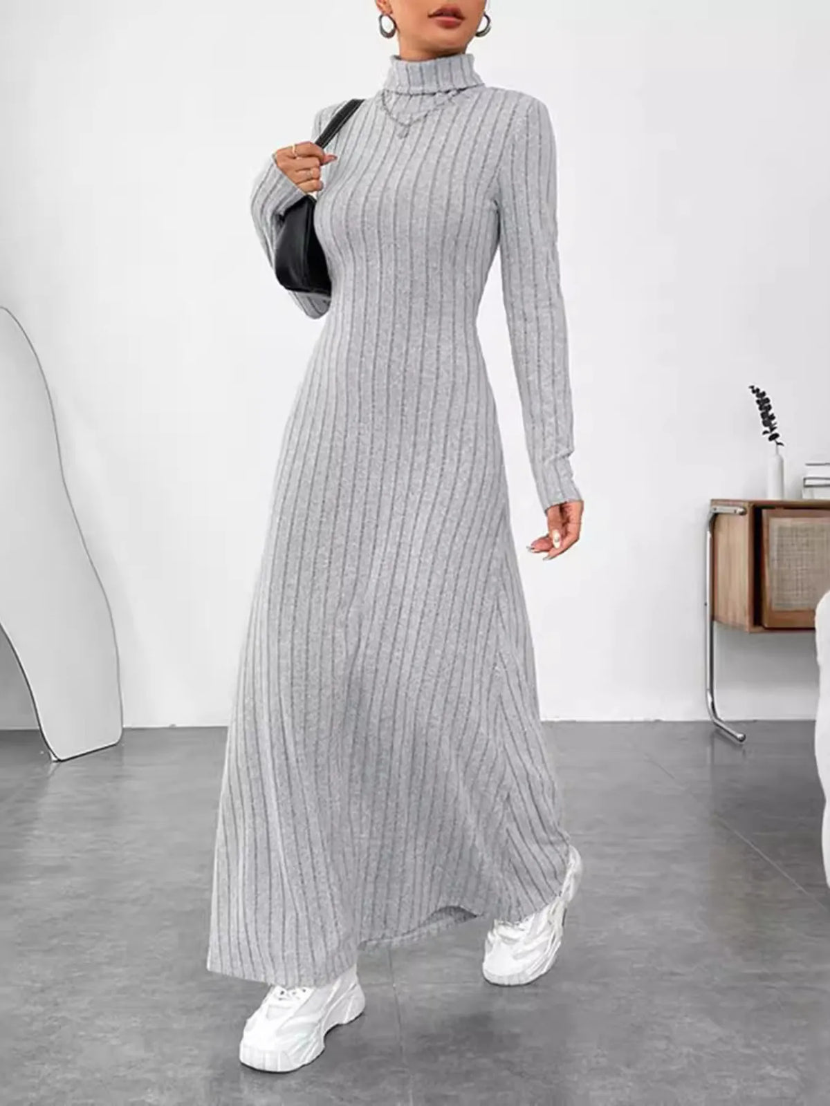 Gray Ribbed turtleneck maxi sweater dress, front view