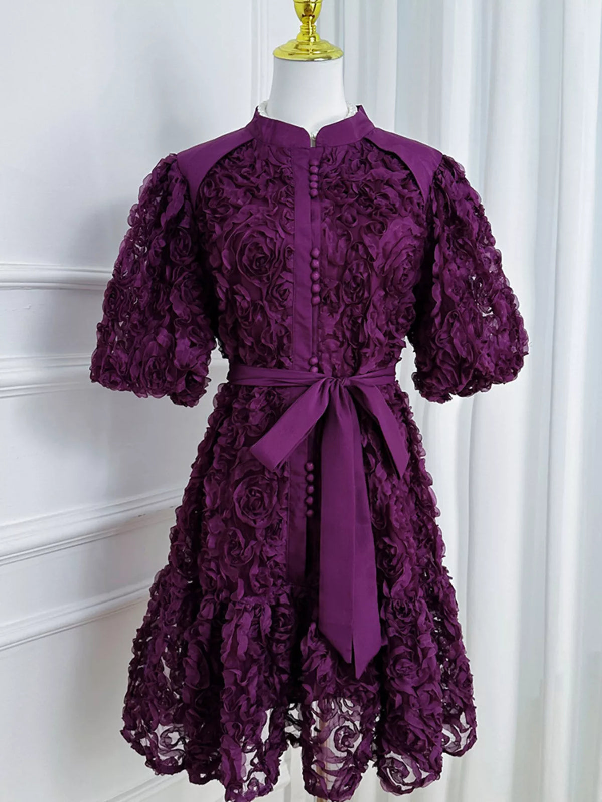 Flower embellished puff sleeve dress front view