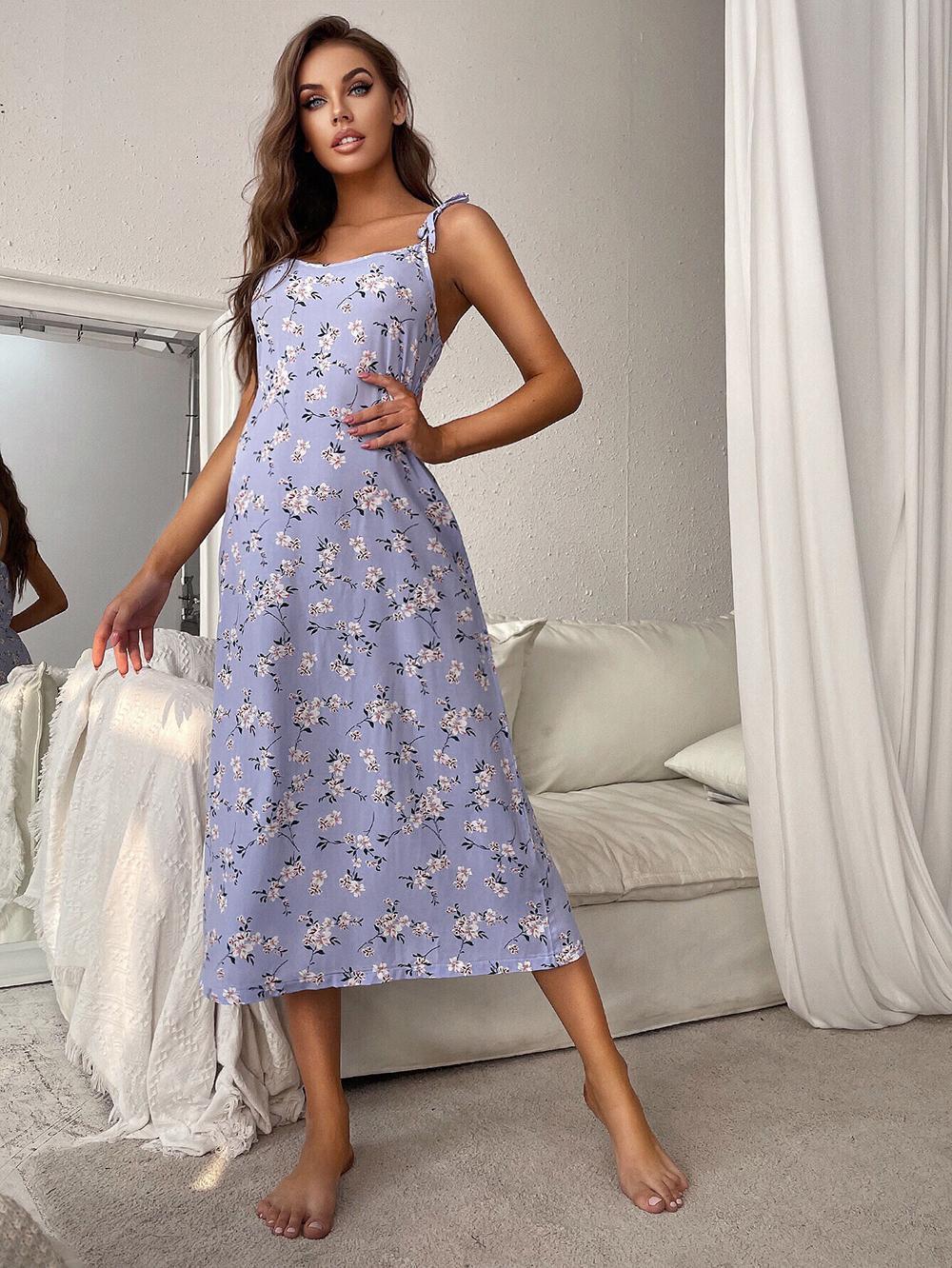 Printed Tie Shoulder Midi Night Dress Blue - Fashorio