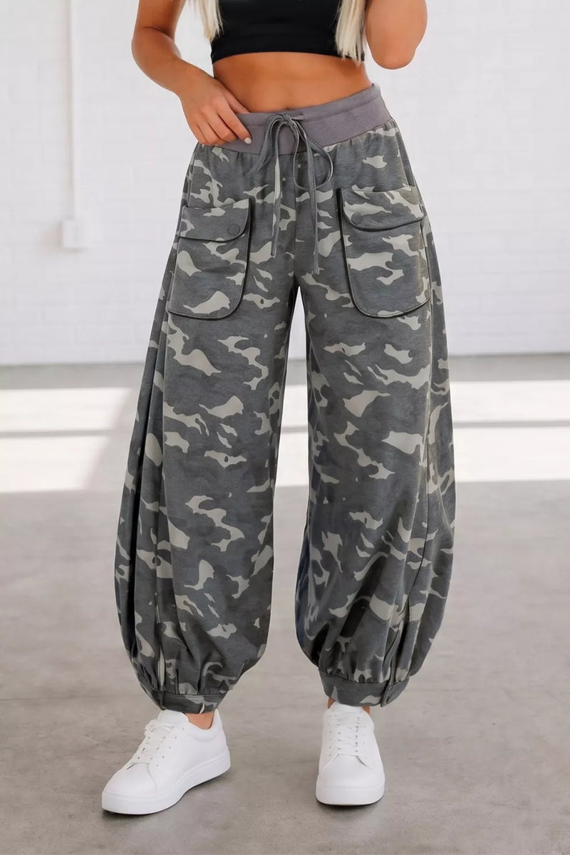 Camouflage cargo barrel pants front view