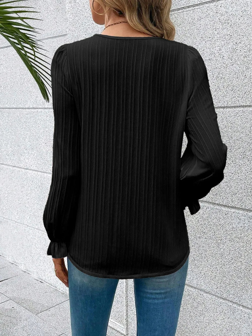 V-Neck Lace Detail Flounce Sleeve Blouse - Fashorio