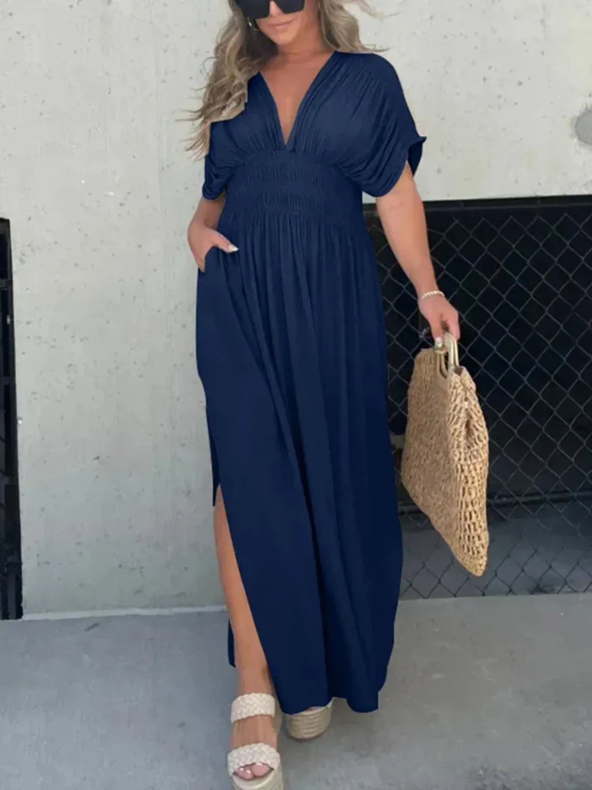 Deep V neck maxi dress with side slit waist detail