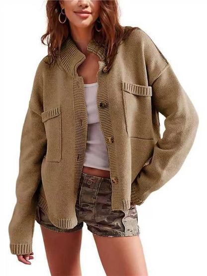 Ribbed Hem Button Up Cardigan Apricot - Fashorio