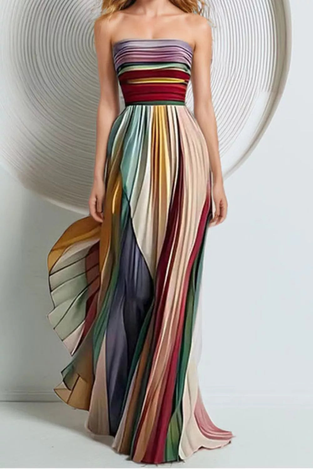 Multicolor striped pleated strapless maxi dress back view
