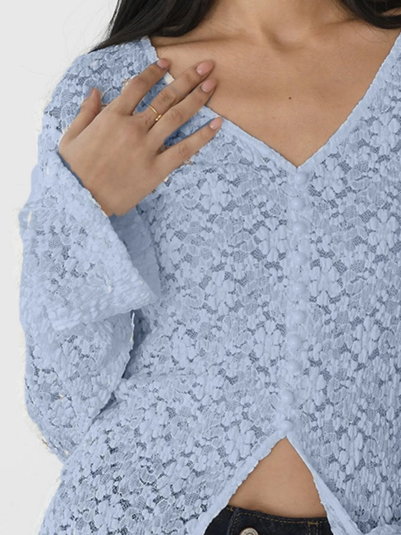 Lace V-Neck Flare Sleeve T-Shirt - Fashorio