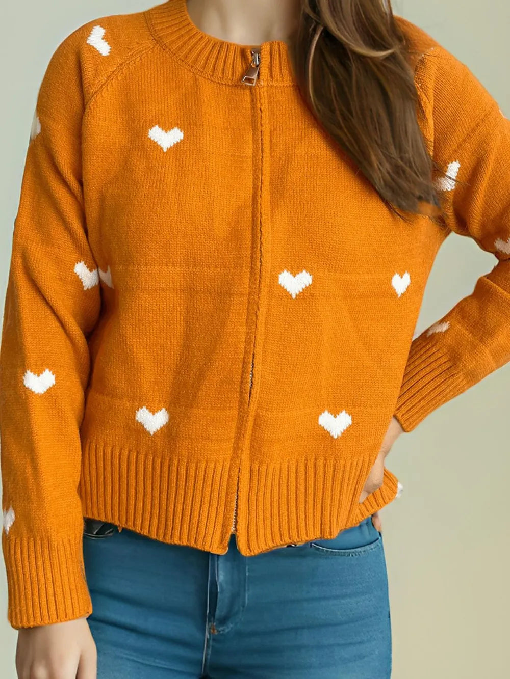 Heart Round Neck Zip Up Cardigan - Fashorio