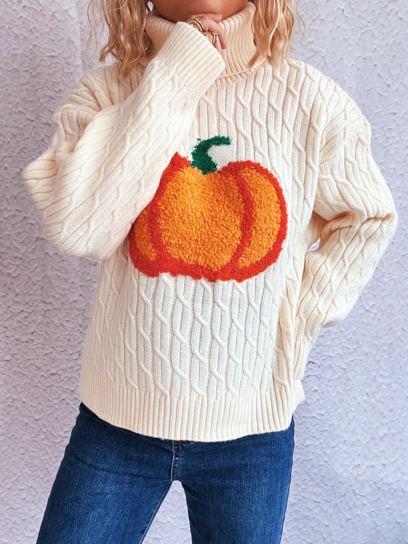Pumpkin Turtleneck Long Sleeve Sweater - Fashorio
