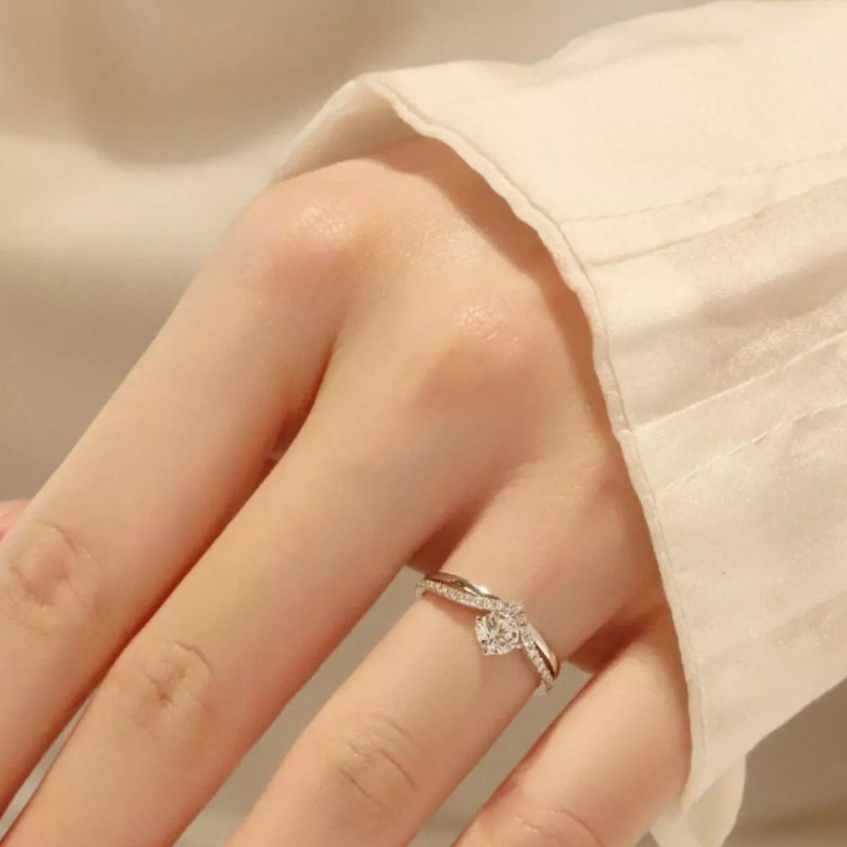 Moissanite adjustable ring shown at an angle
