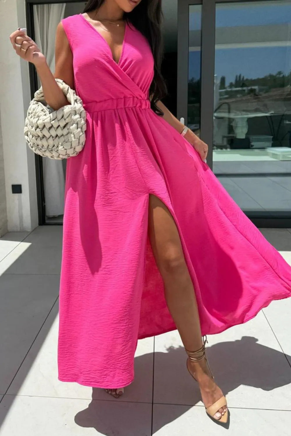 sleeveless surplice wrap maxi dress with leg slit full length view