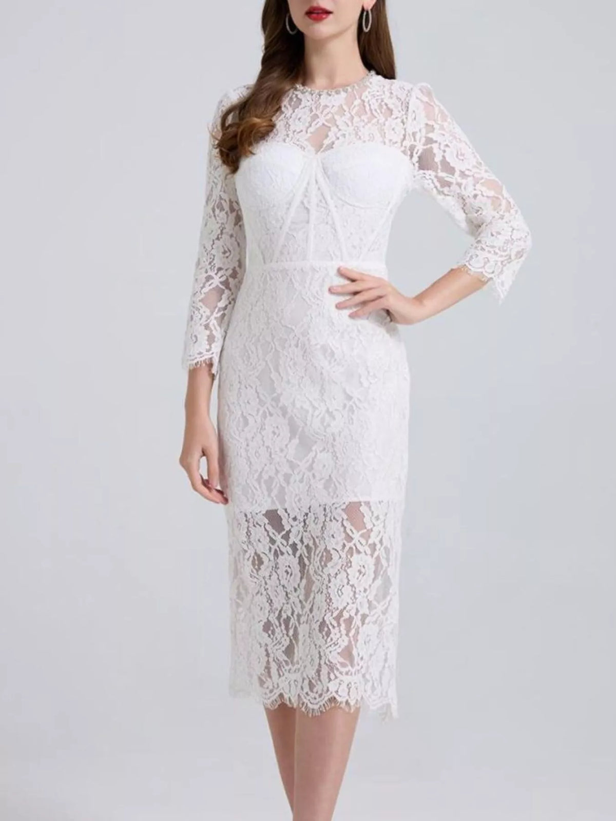 lace long sleeve midi dress detail close up