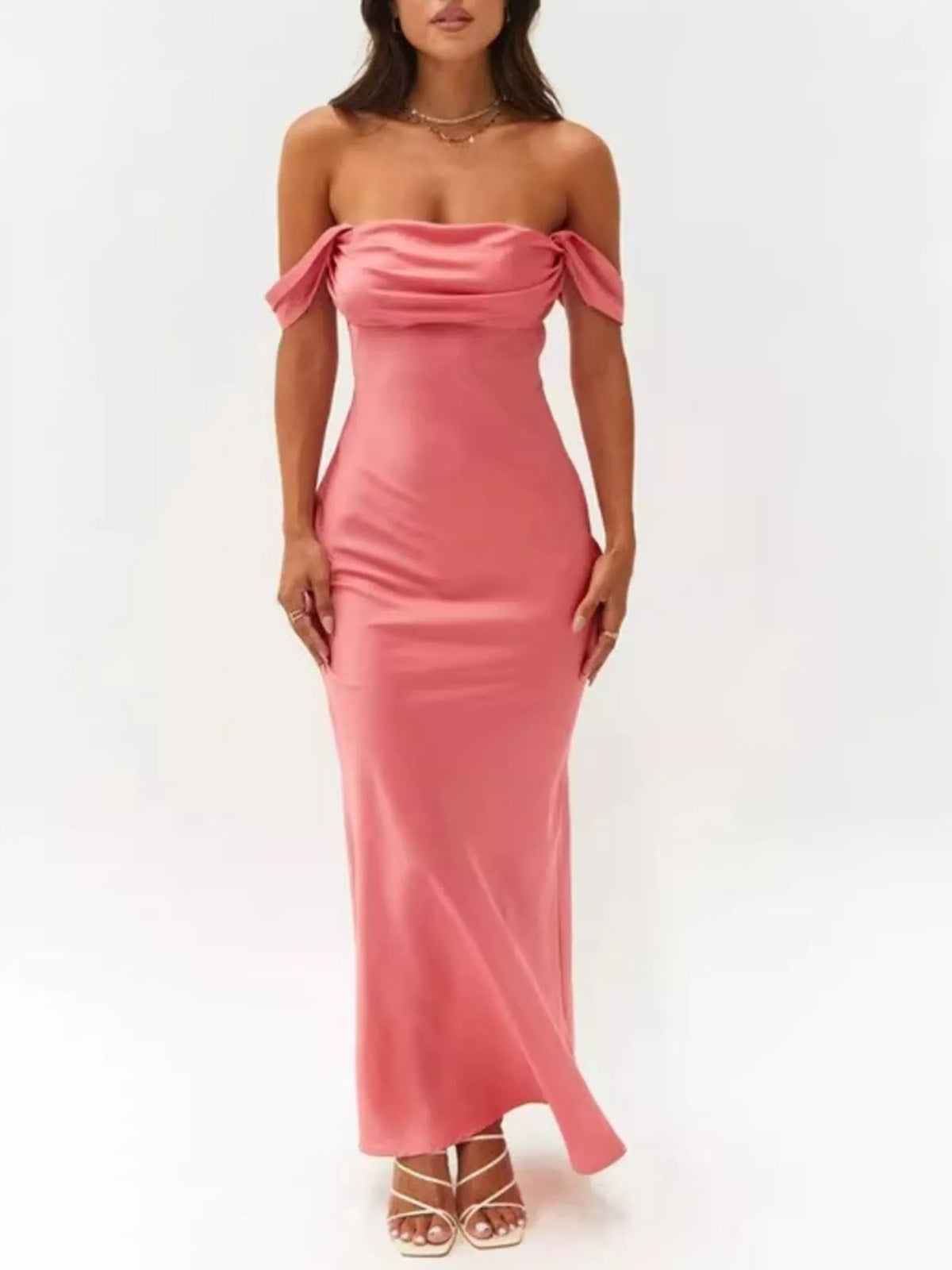 watermelon red off shoulder satin maxi dress back view