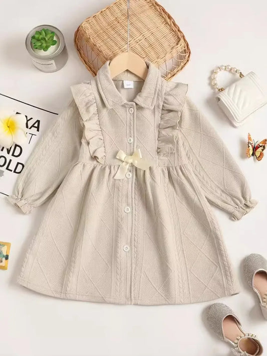 Children's Ruffled Bow Collared Neck Dress Beige - Fashorio