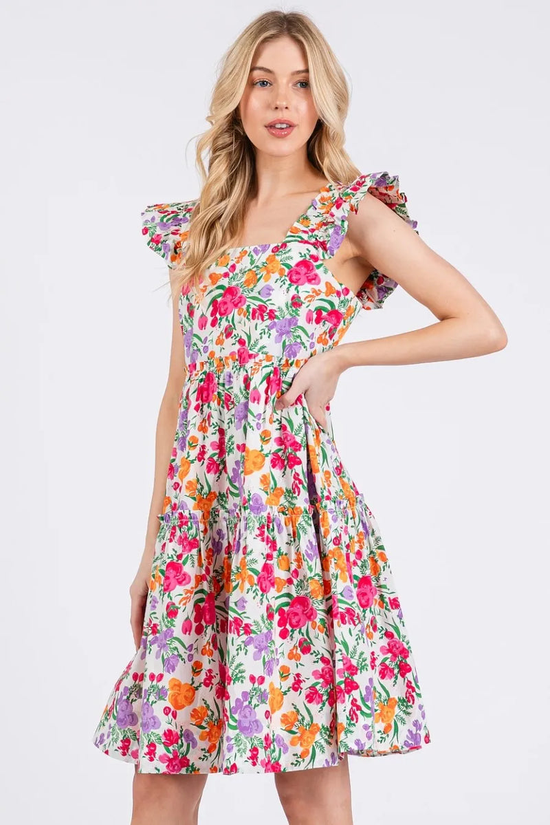Floral Ruffle Shoulder A Line Mini Dress in Ivory