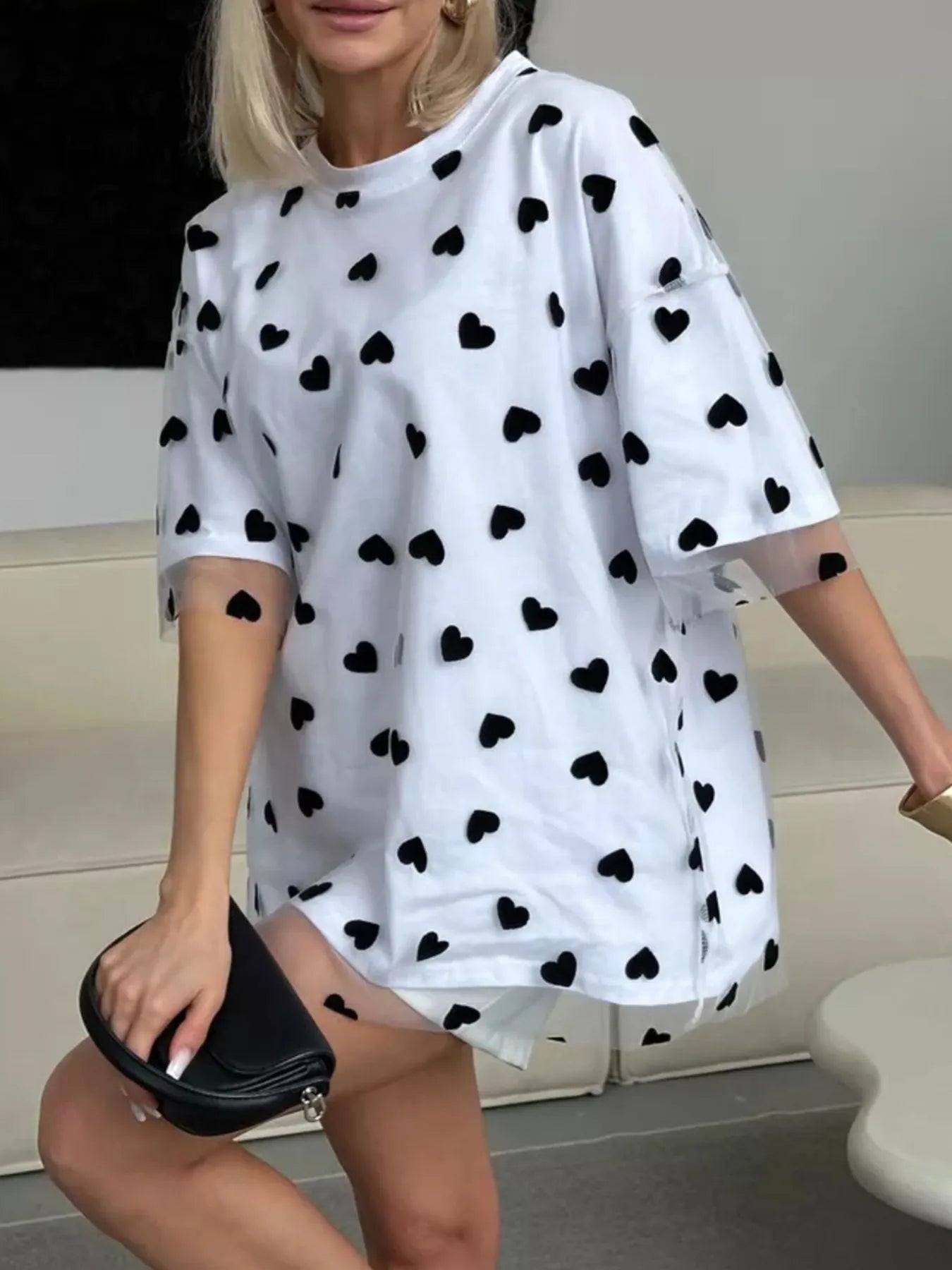 Heart Print Oversized T-Shirt White - Fashorio