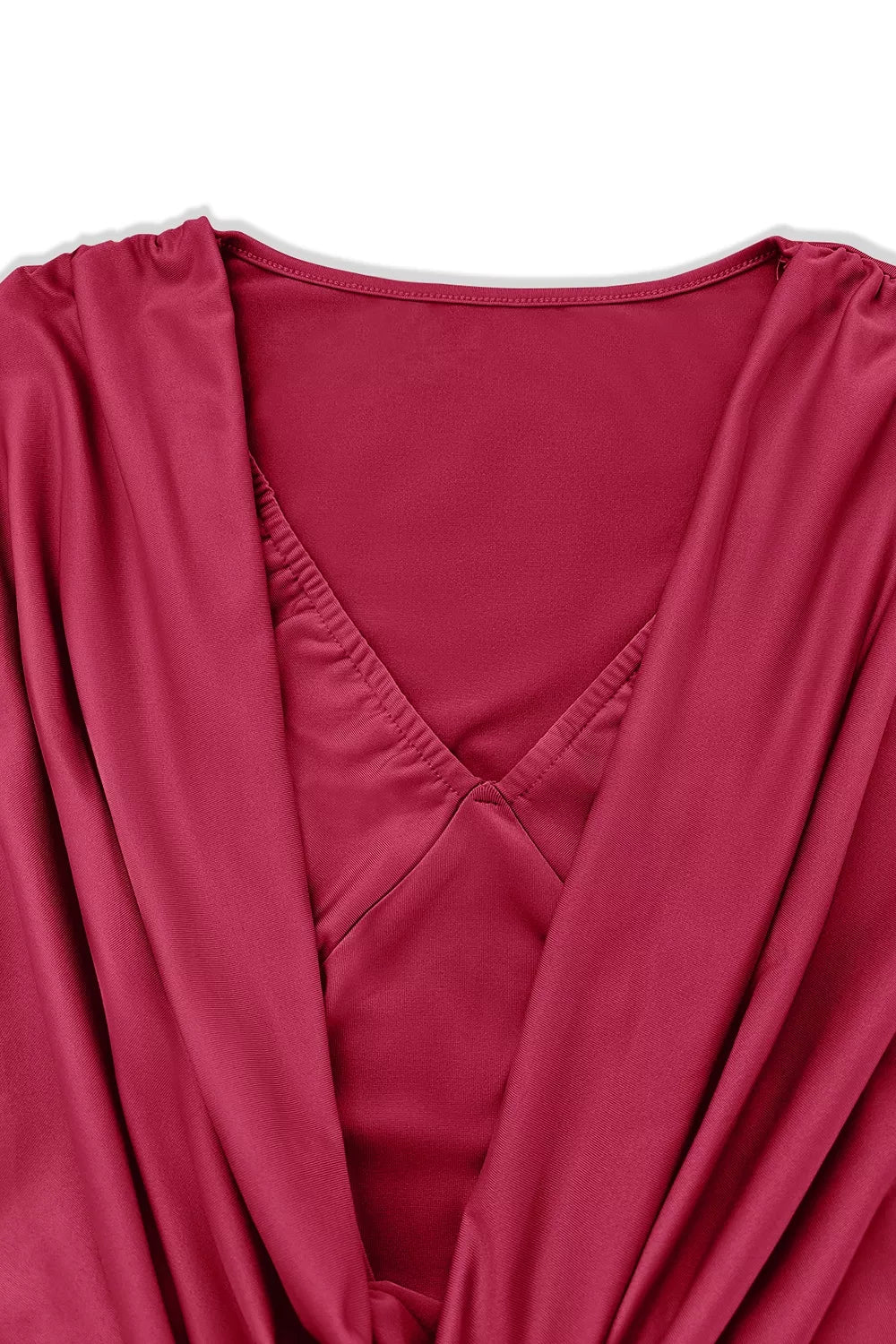 Ruched cowl neck long sleeve mini dress, angled view