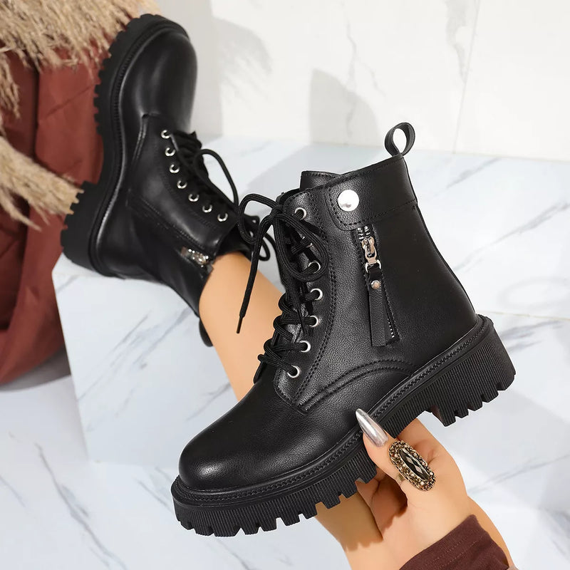 Classic Round Toe Block Heel Boots front view