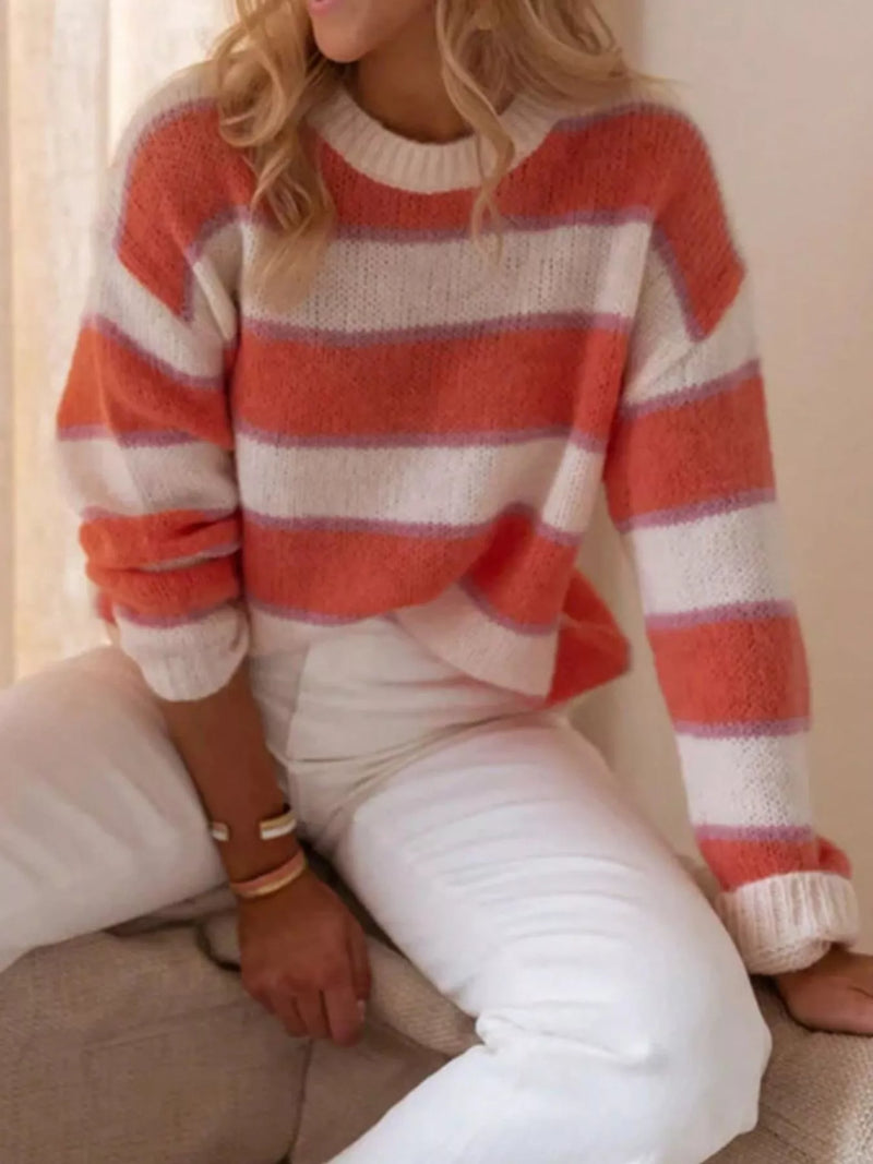 Striped dropped shoulder round neck sweater front