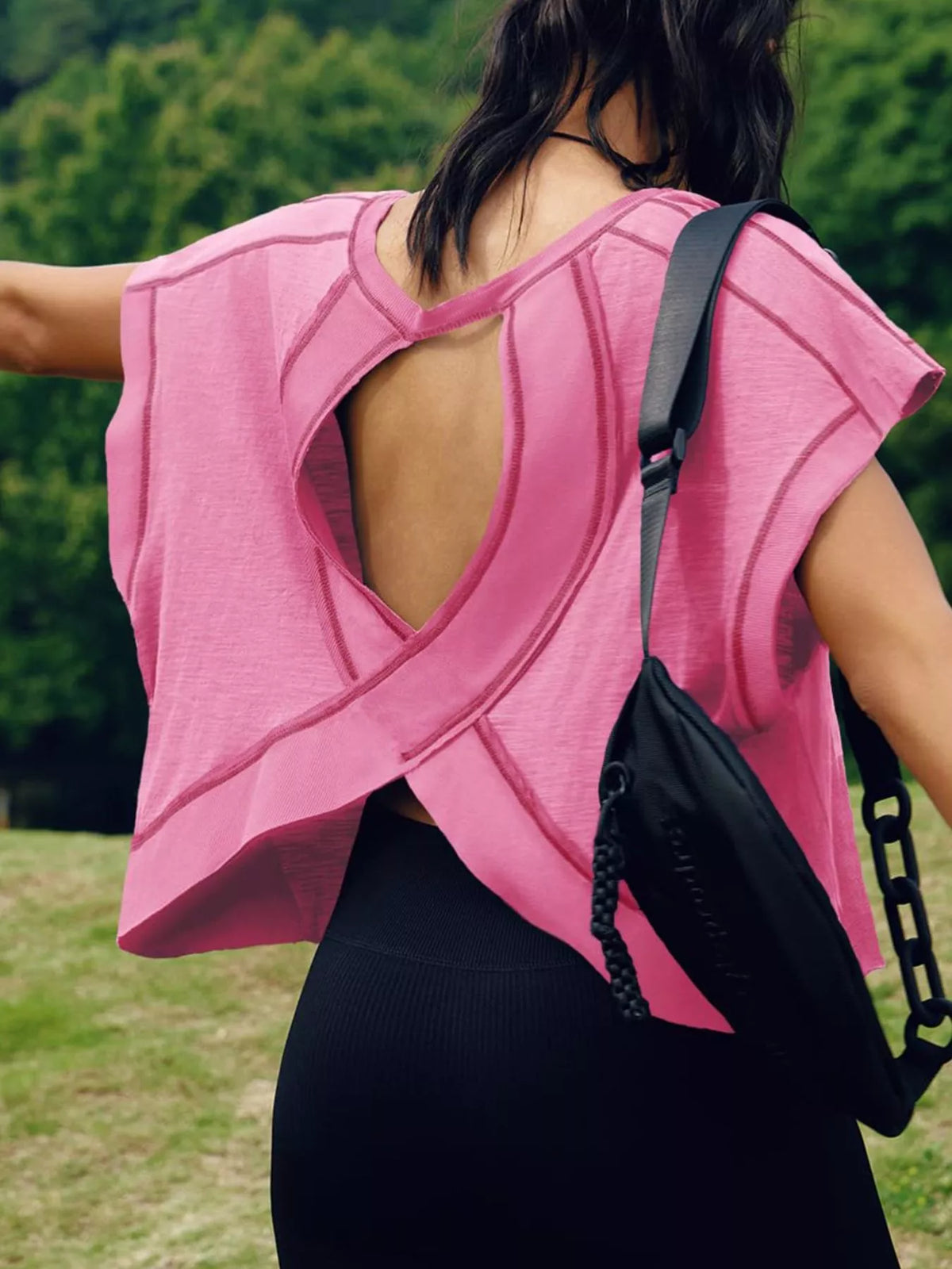 White cutout crisscross back short sleeve t shirt close up view