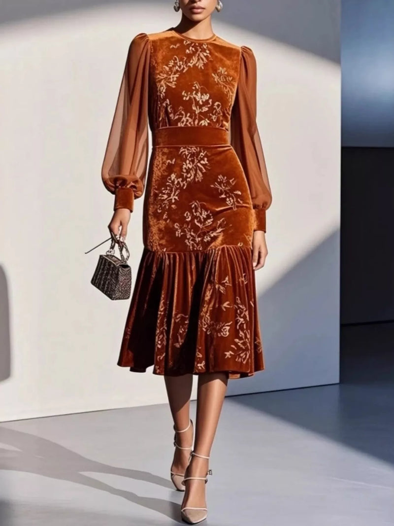 Floral velvet lantern sleeve midi dress front view