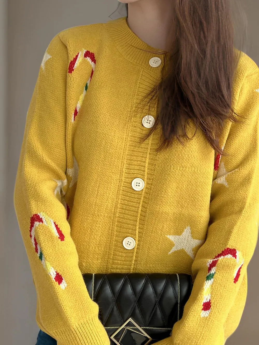 Candy Cane & Star Button Down Long Sleeve Cardigan - Fashorio