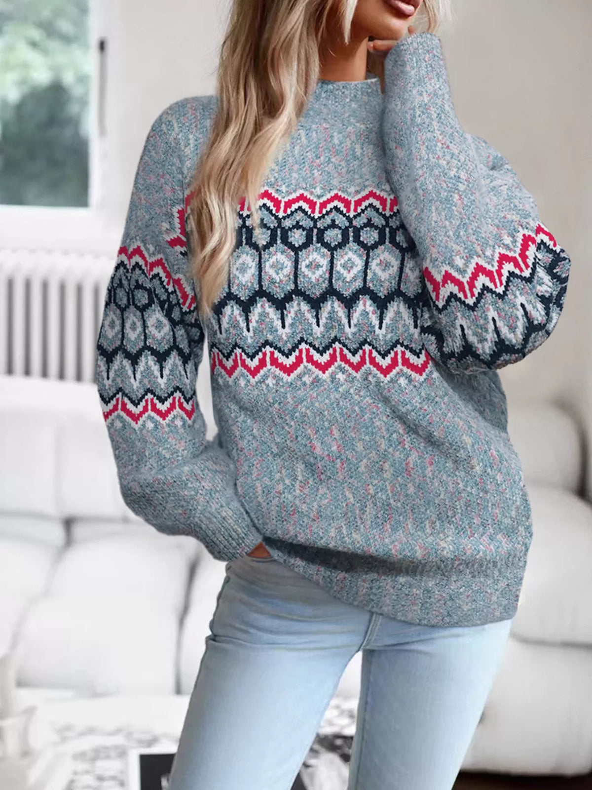 Grayish blue geometric pattern sweater side view