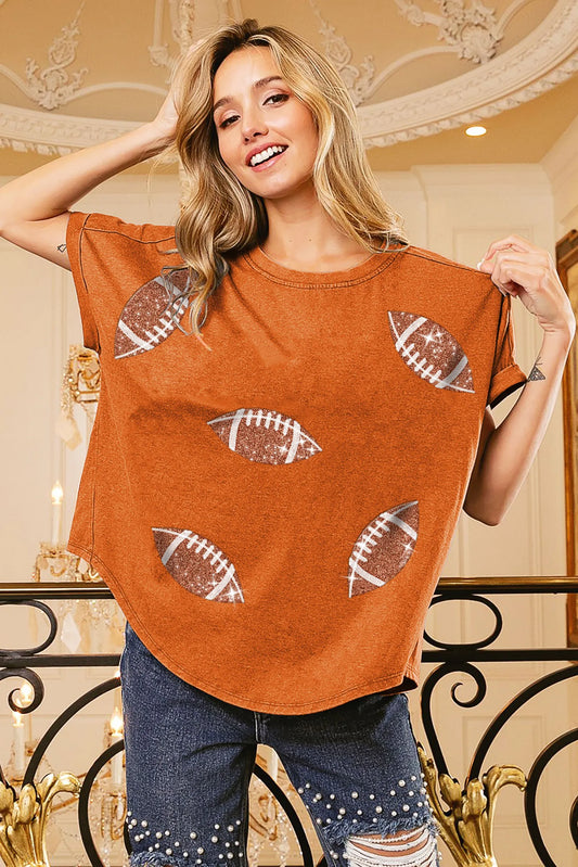 BiBi Football Sequin Embroidery Vintage Washed Top VINTAGE ORANGE - Fashorio