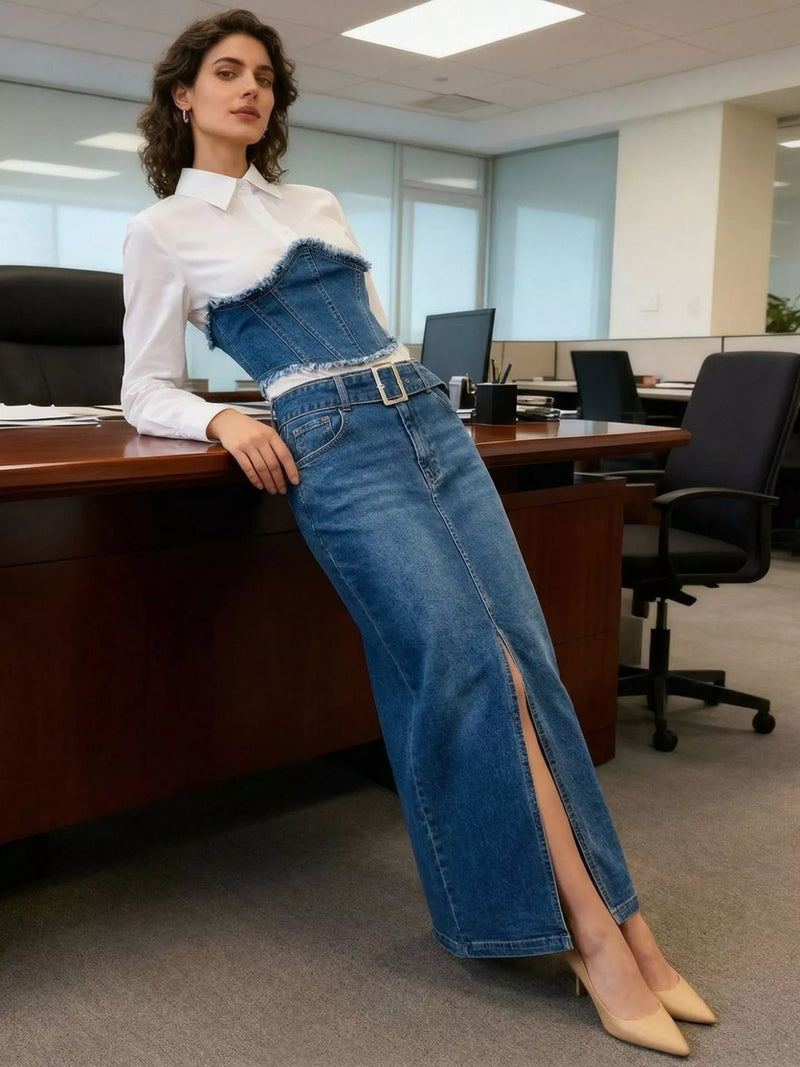 Frayed denim patchwork top and slit maxi skirt set front view