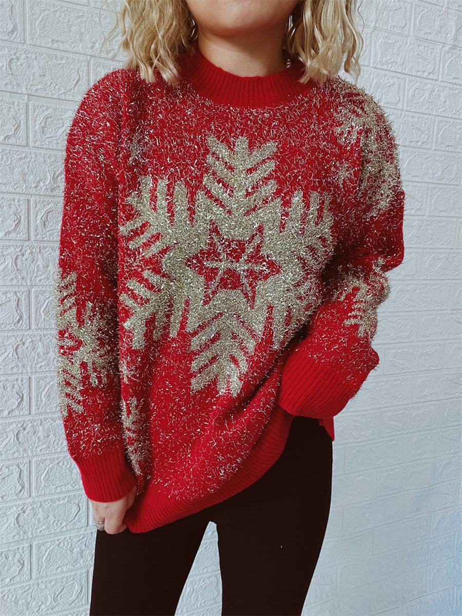 Christmas Element Round Neck Sweater Deep Red - Fashorio