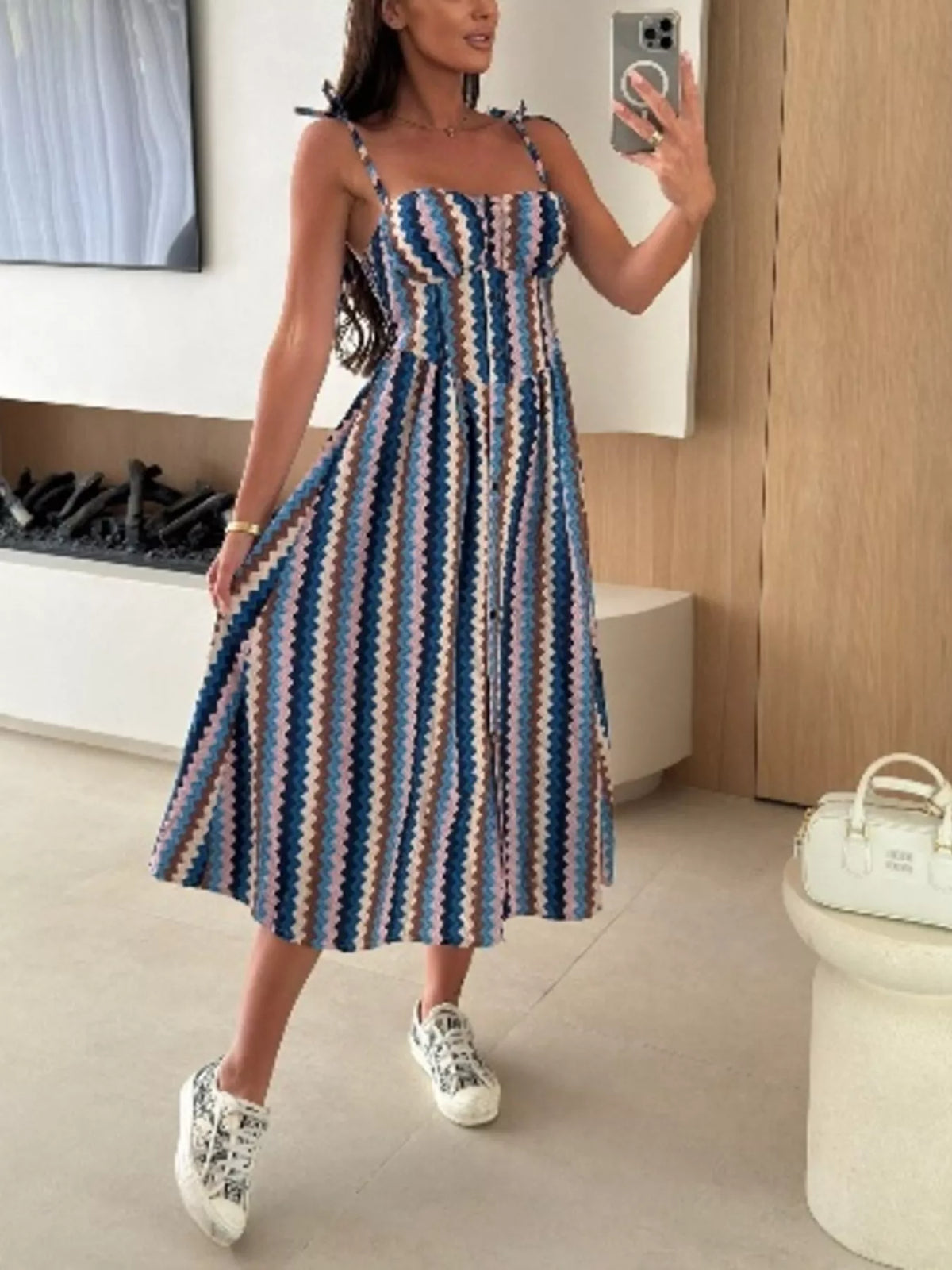 Printed tie strap midi dress full length view