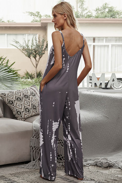 Shiny Tie-Dye Spaghetti Strap Jumpsuit with Pockets - Fashorio