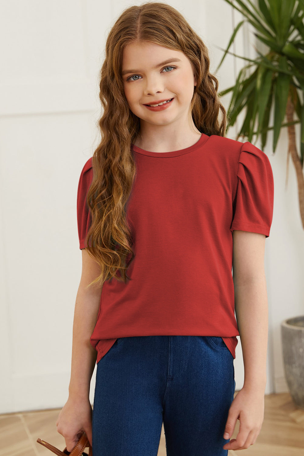 Round Neck Puff Sleeve T-Shirt Deep Red - Fashorio