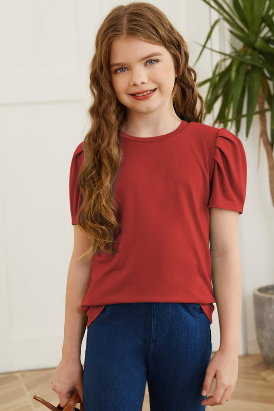 Round Neck Puff Sleeve T-Shirt Deep Red - Fashorio