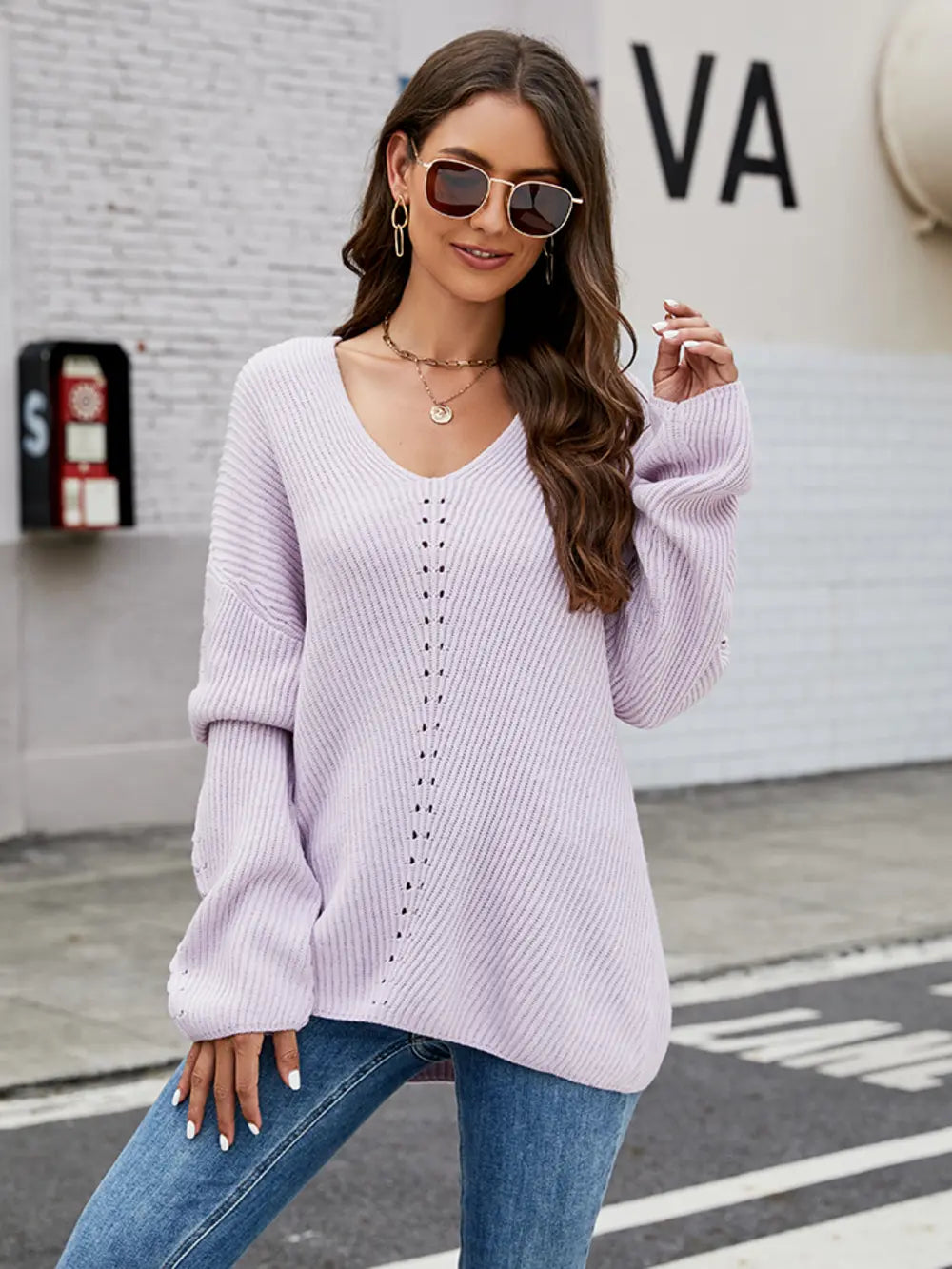 Openwork Dropped Shoulder Long Sleeve Sweater Carnation Pink - Fashorio