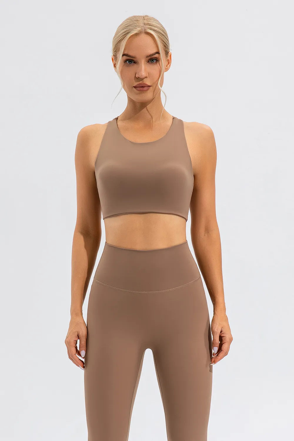 Round Neck Cutout Cropped Active Tank Camel - Fashorio