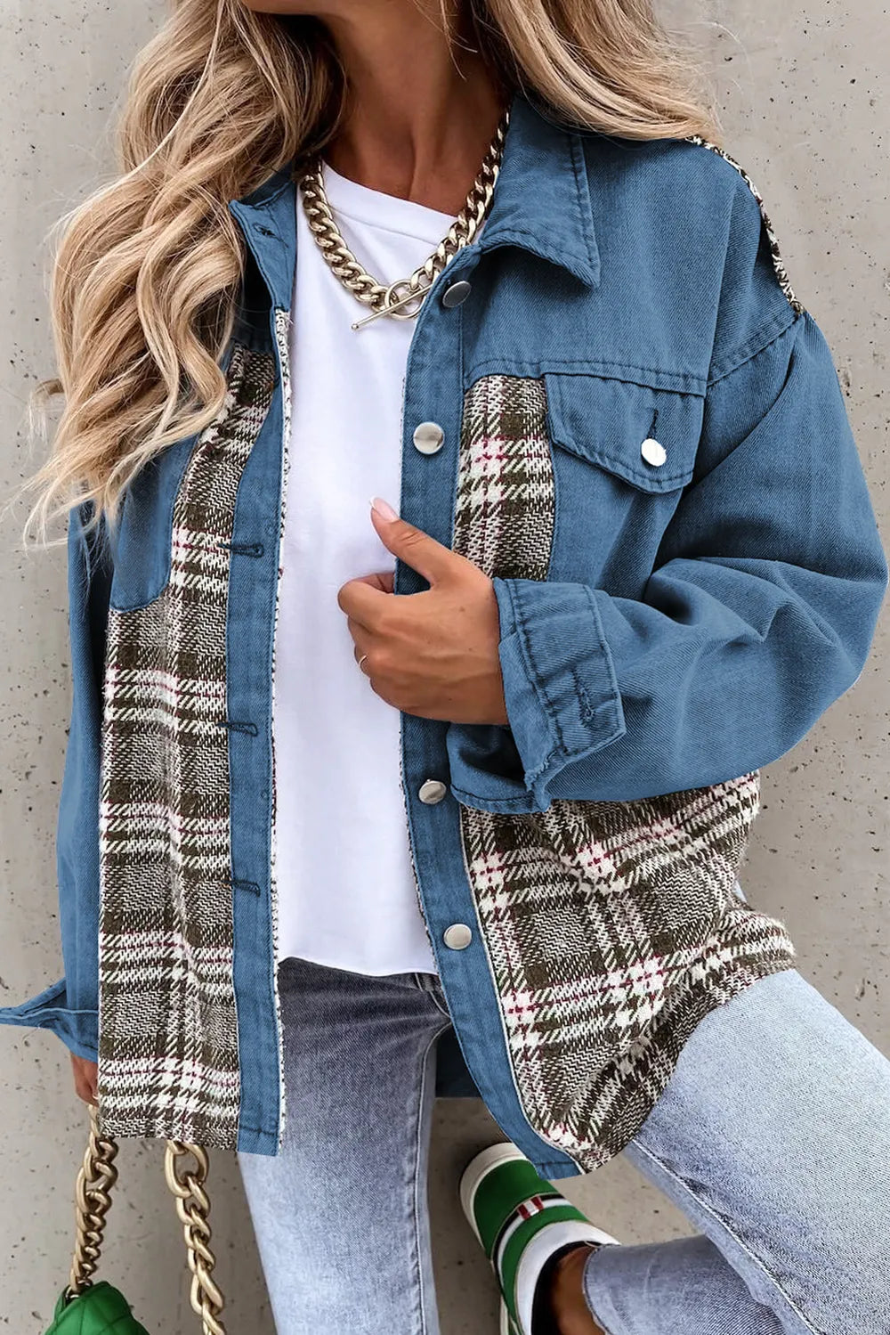 Plaid Pocketed Button Up Denim Jacket Deep Teal - Fashorio