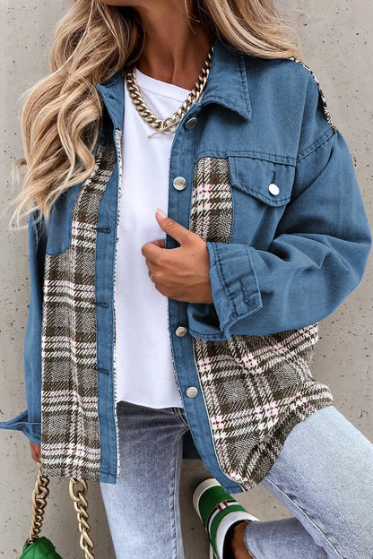 Plaid Pocketed Button Up Denim Jacket Deep Teal - Fashorio