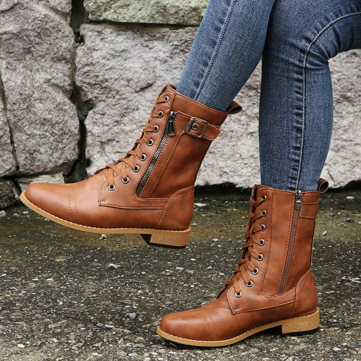 Lace Up Ankle Boots with Zipper Detail styled with a dress