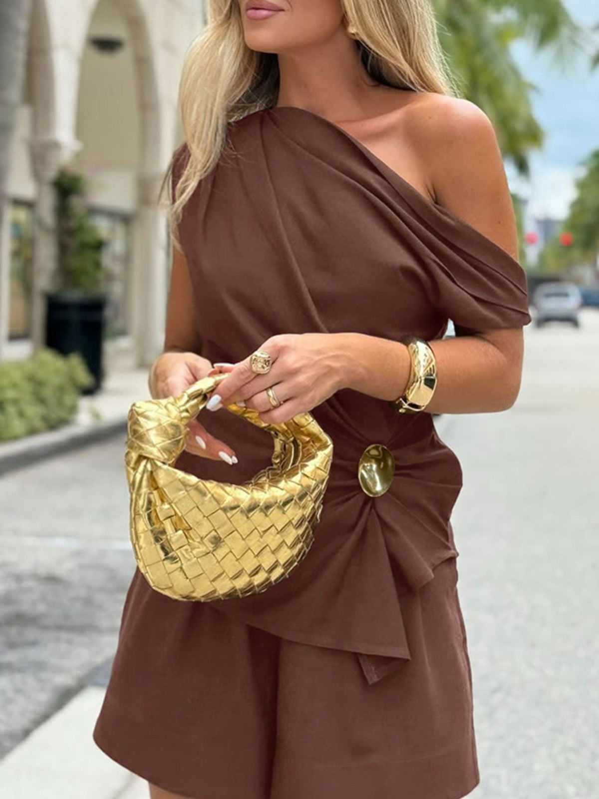 One shoulder top and shorts set styled outfit