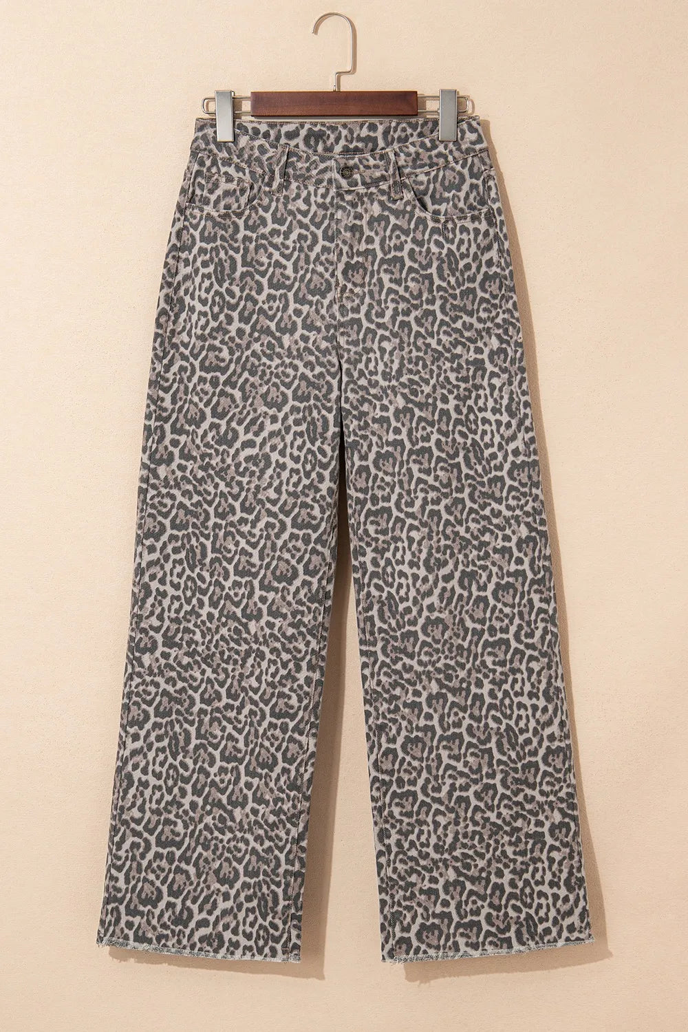 Leopard print wide leg jeans frayed hem detail