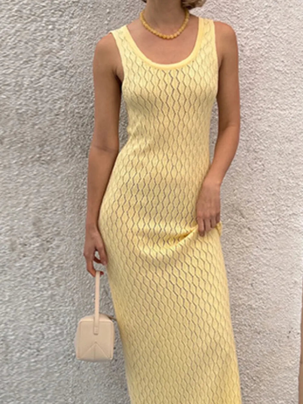 yellow yellow openwork sleeveless maxi dress side view