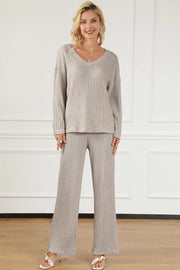 Ribbed V-Neck Top and Pants Lounge Set Light Gray - Fashorio