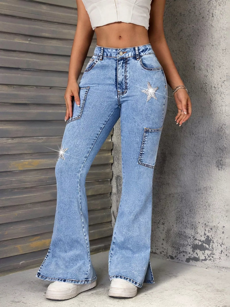 Star slit flare leg jeans in blue wash front view