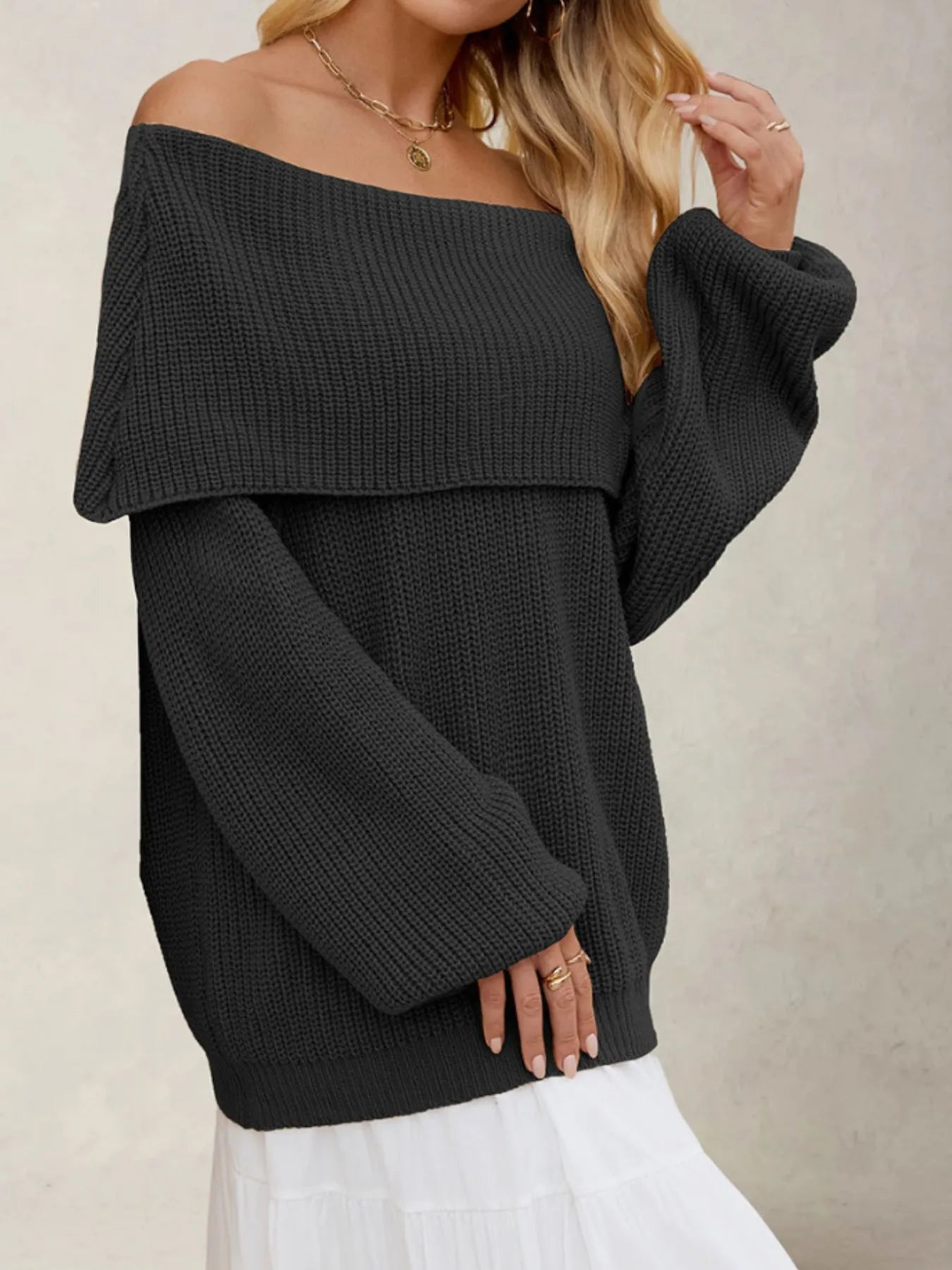 Fold-Over Collar Long Sleeve Sweater Black - Fashorio