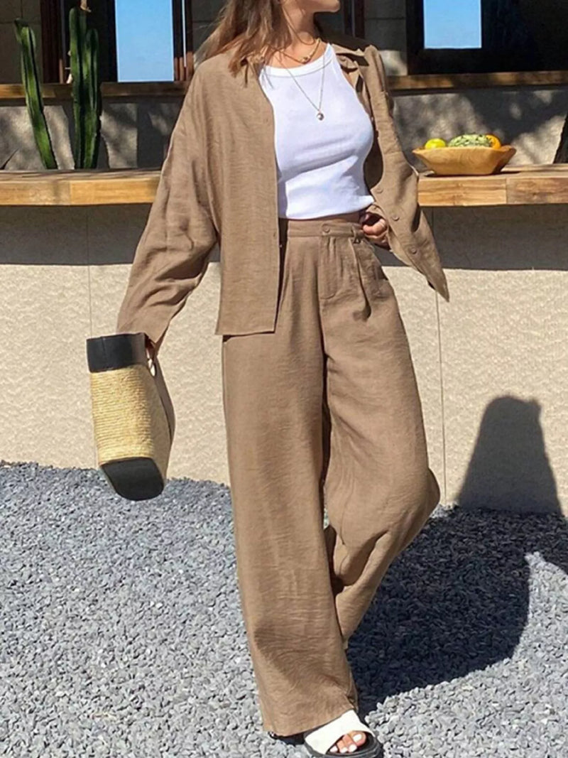 Relaxed button up shirt and pants set front view
