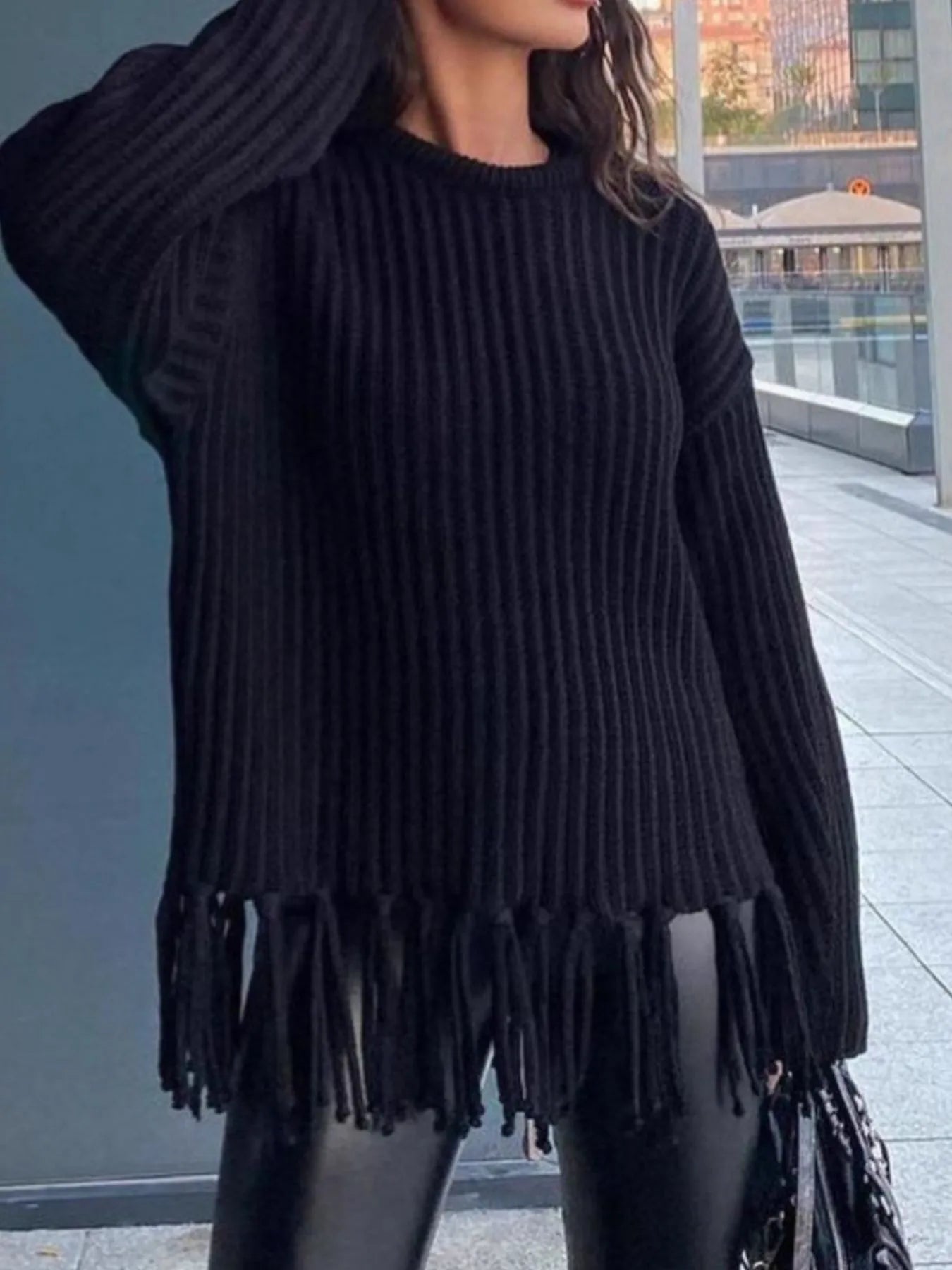 Fringe Round Neck Long Sleeve Sweater - Fashorio