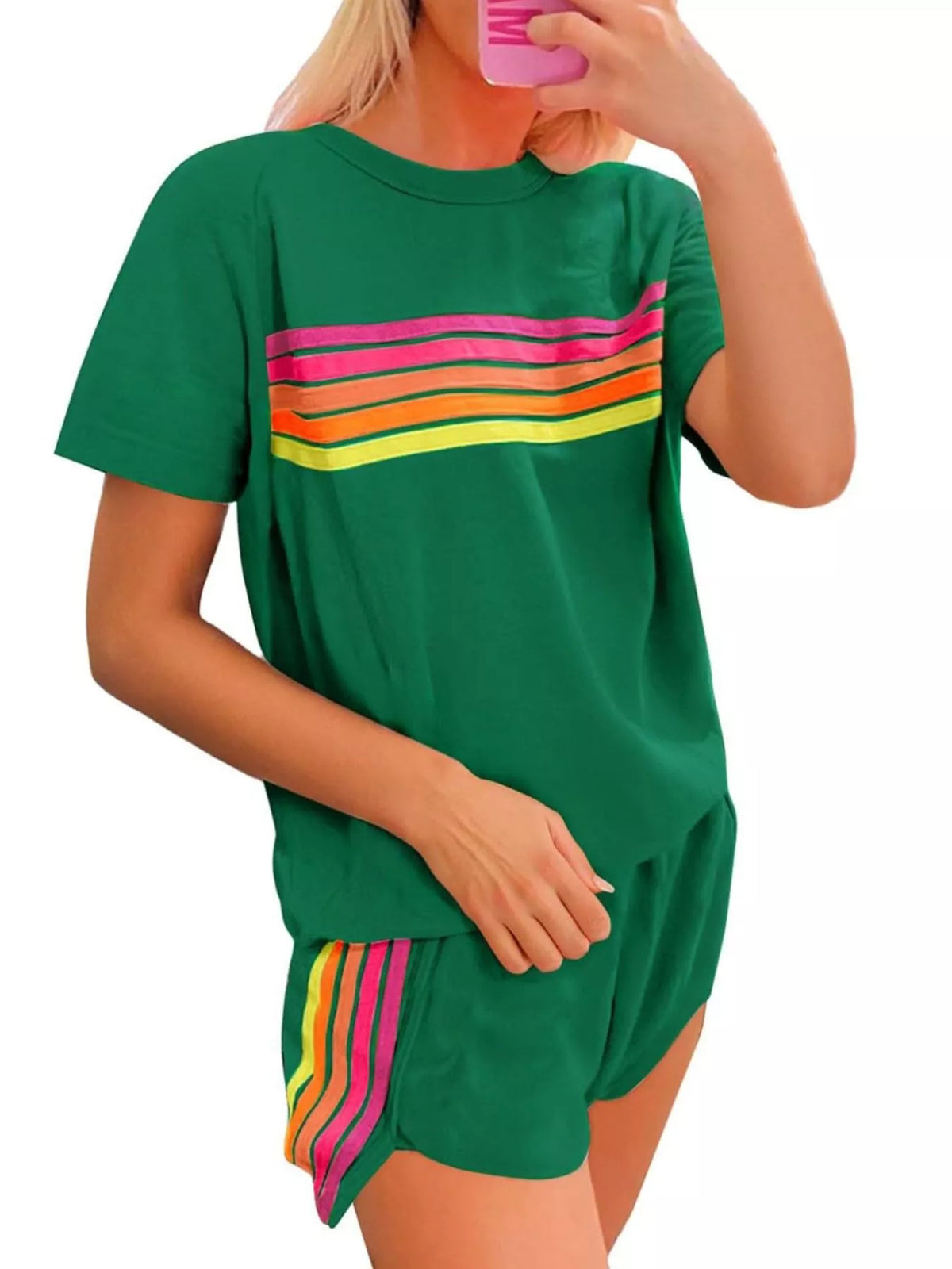 Rainbow stripe detail on matching set